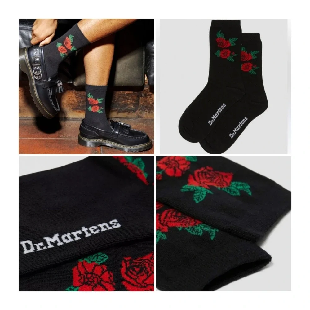 1-Pair Dr. Martens Vonda Short Socks Women's Size M/L Black/Red Floral Print
